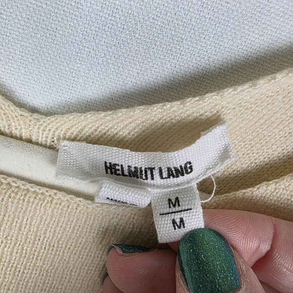 HELMUT LANG Women's 100% Wool Pullover Sweater Beige Knit Size Medium Back V - Picture 3 of 6
